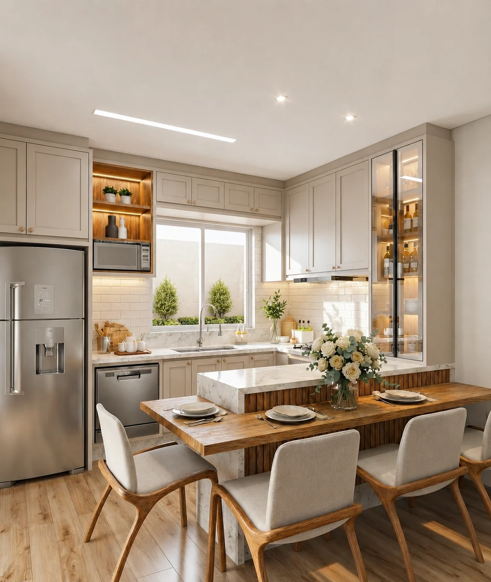 Cozinha integrada com bancada, mesa e acabamentos claros