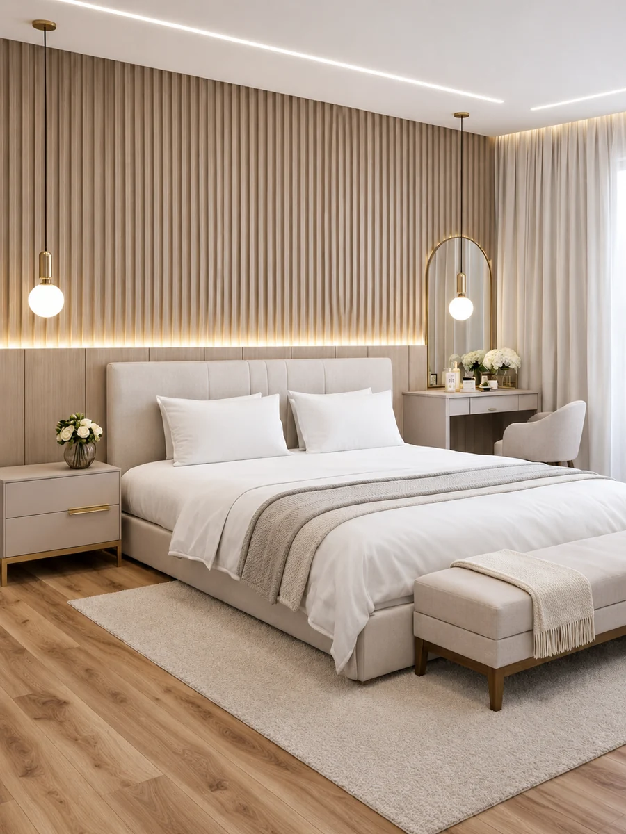 Suíte confortável com painel ripado e iluminação elegante